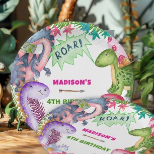Cute Girl Dinosaur 4th Birthday Party Paper Plates