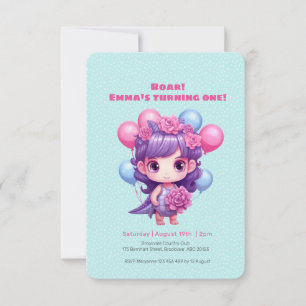 Cute Girl Dinosaur Birthday Invitation