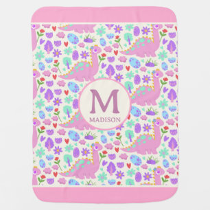 Cute Girl Dinosaur Monogram Pattern Baby Blanket