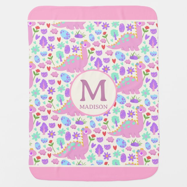 Cute Girl Dinosaur Monogram Pattern Baby Blanket (Front)