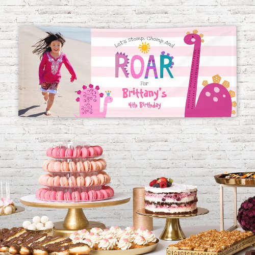 Cute Girl Dinosaur Stomp Chomp Roar Photo Birthday Banner