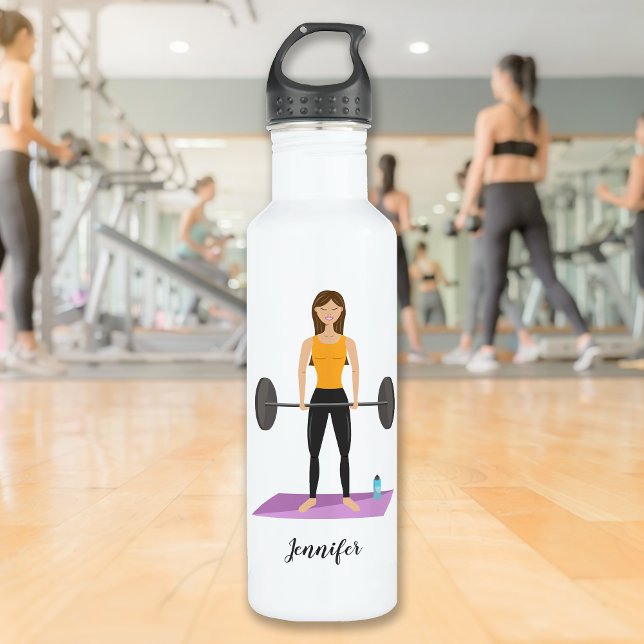 Cute Girl Doing Deadlift With Weights Custom Name Stainless Steel Water Bottle (Creator Uploaded)