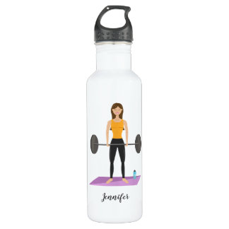 Cute Girl Doing Deadlift With Weights Custom Name Stainless Steel Water Bottle