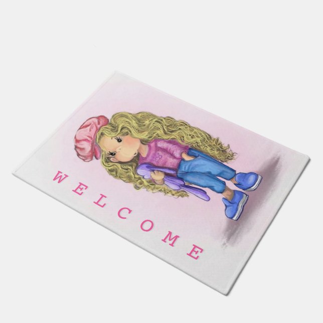 Cute Girl Doormat - Welcome (Angled)