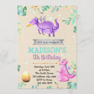 Cute girl dragon birthday party invitation