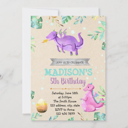 Cute girl dragon birthday party invitation