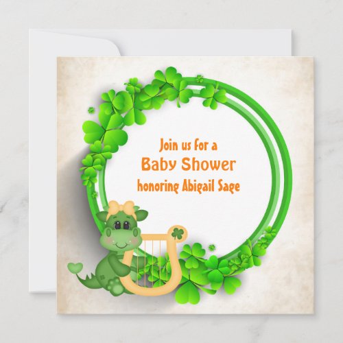 Cute Girl Dragon Clover Wreath Irish Baby Shower Invitation