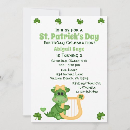 Cute Girl Dragon St Patricks Day Birthday Invitation