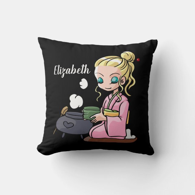 Cute Girl Drinking Tea Personalized Throw Pillow (Front)