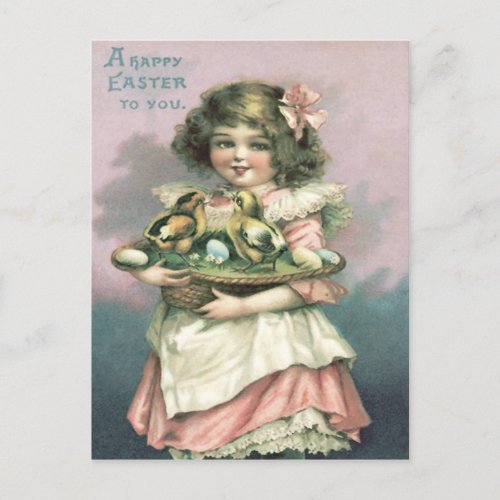 Cute Girl Easter Basket Chick Colored Egg Holiday Postcard