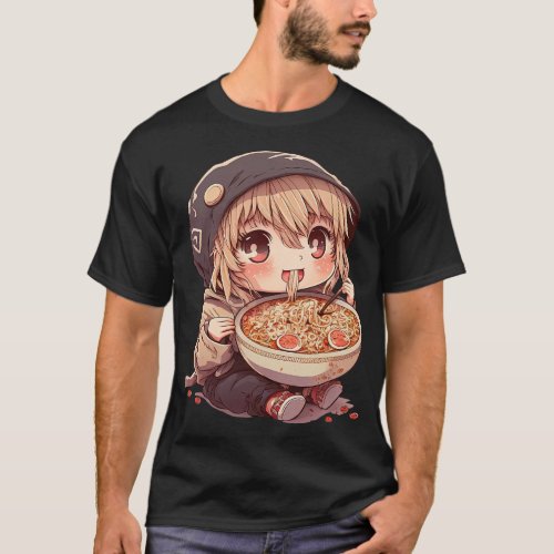 Cute Girl Eating Ramen Noodles Kawaii Anime Kids T T_Shirt