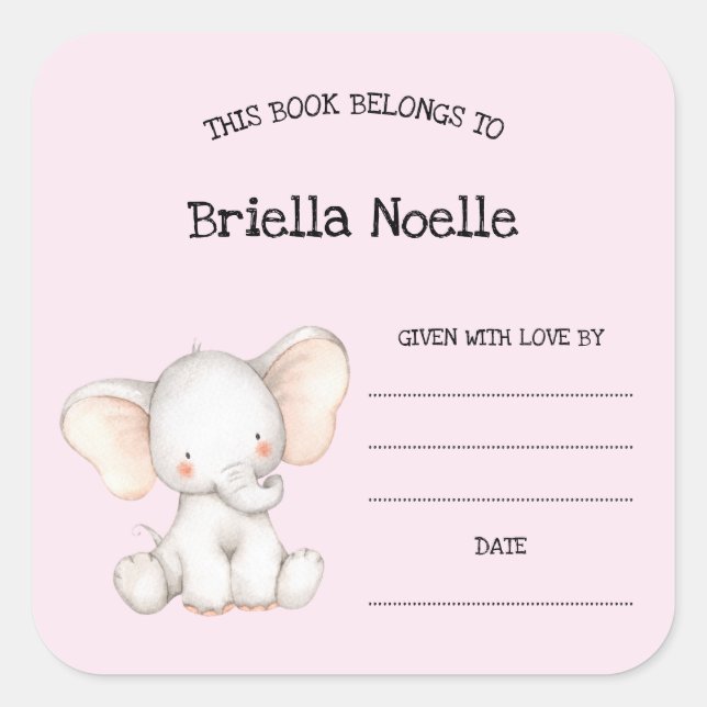 Cute girl elephant baby shower bookplate (Front)