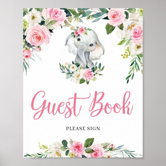 Cute Girl Elephant Baby Shower Guest Book Sign (Front)