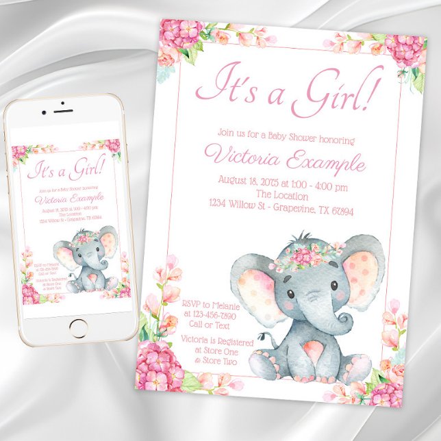 Cute Girl Elephant Baby Shower Invitation