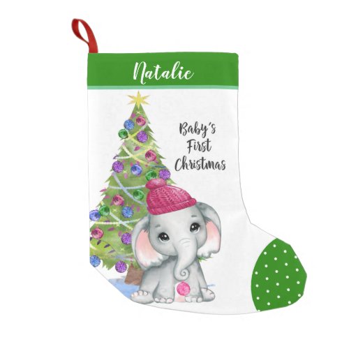 Cute Girl Elephant BABYS FIRST CHRISTMAS Green Small Christmas Stocking