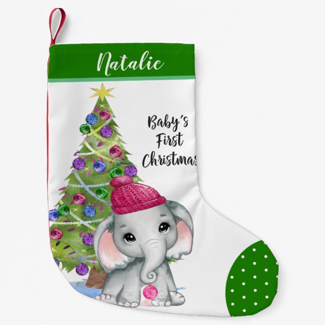 Cute Girl Elephant BABY'S FIRST CHRISTMAS Green Small Christmas Stocking (Front)