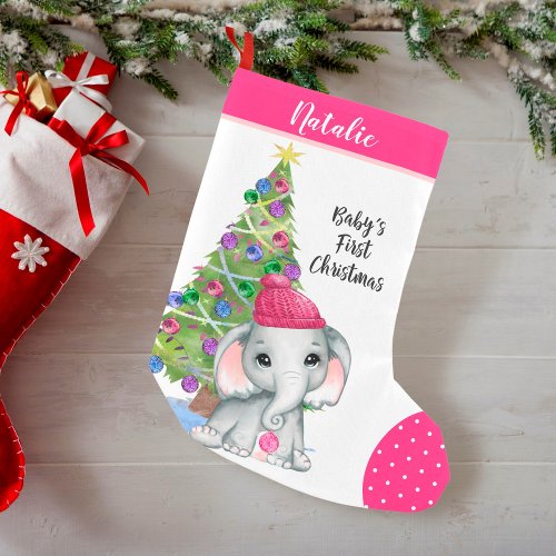 Cute Girl Elephant BABYS FIRST CHRISTMAS Pink Small Christmas Stocking