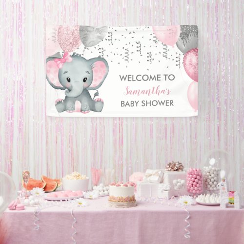 Cute Girl Elephant Balloons Baby Shower Banner