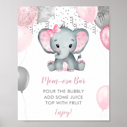 Cute Girl Elephant Balloons Baby Shower Momosa Poster
