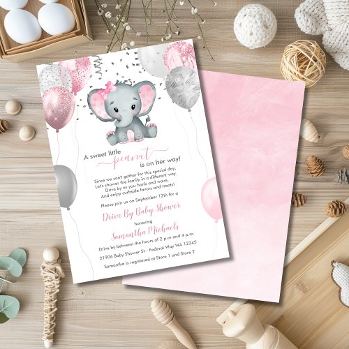 Cute Girl Elephant Balloons Drive By Baby Shower Invitation
