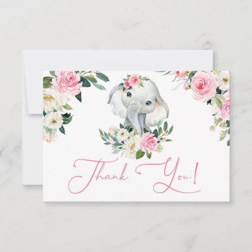 Cute girl elephant bright pink floral baby shower thank you card