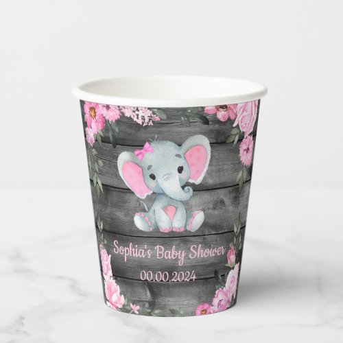 Cute Girl Elephant Floral Baby Shower Paper cups