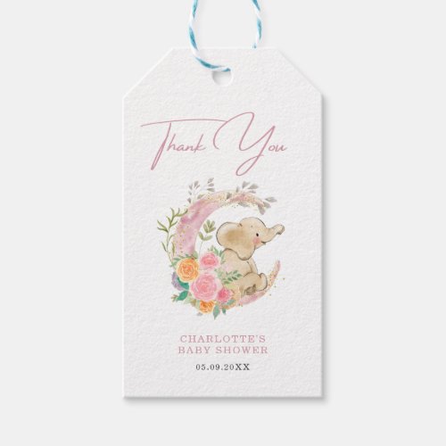 Cute Girl Elephant Floral Moon Baby Shower Gift Tags