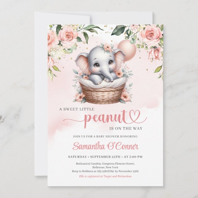 Cute girl elephant in floral basket and balloon invitation (Front)
