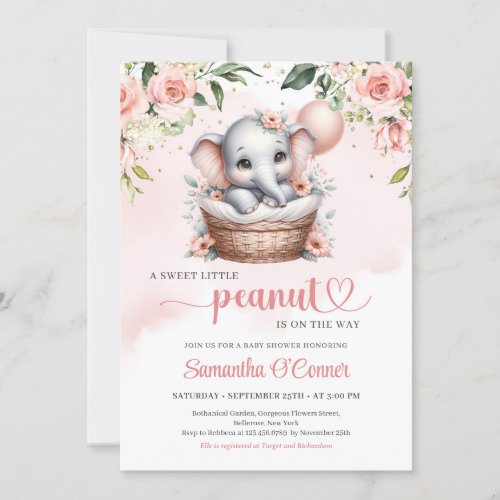 Cute girl elephant in floral basket and balloon invitation