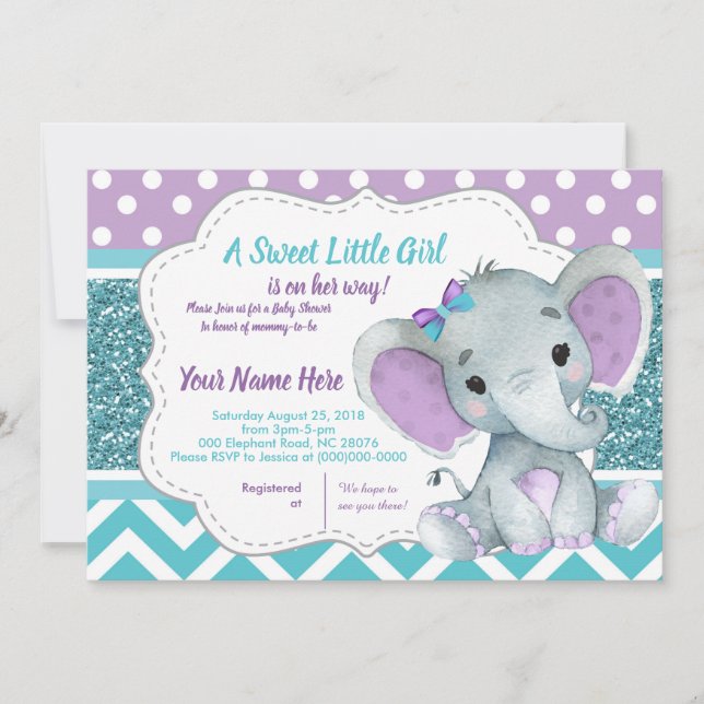 Cute Girl Elephant Invitation for Baby Shower Teal (Front)