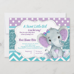 Cute Girl Elephant Invitation for Baby Shower Teal