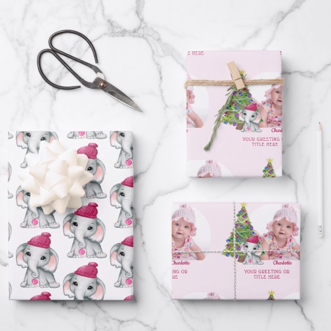 Cute Girl Elephant Photo Name Christmas Pink Wrapping Paper Sheets (Front)