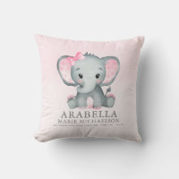 Cute Girl Elephant Pink Baby Throw Pillow