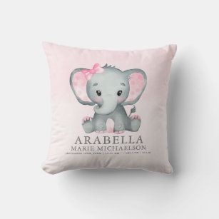 Cute Girl Elephant Pink Baby Throw Pillow