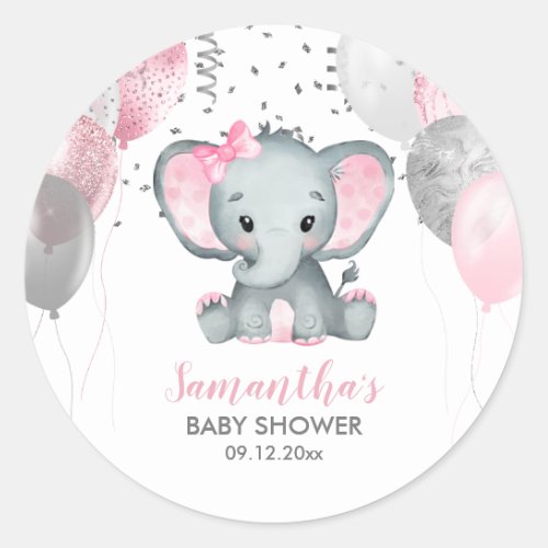 Cute Girl Elephant Pink Balloons Baby Shower Classic Round Sticker