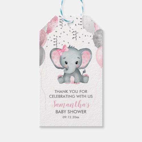 Cute Girl Elephant Pink Balloons Baby Shower Gift Tags