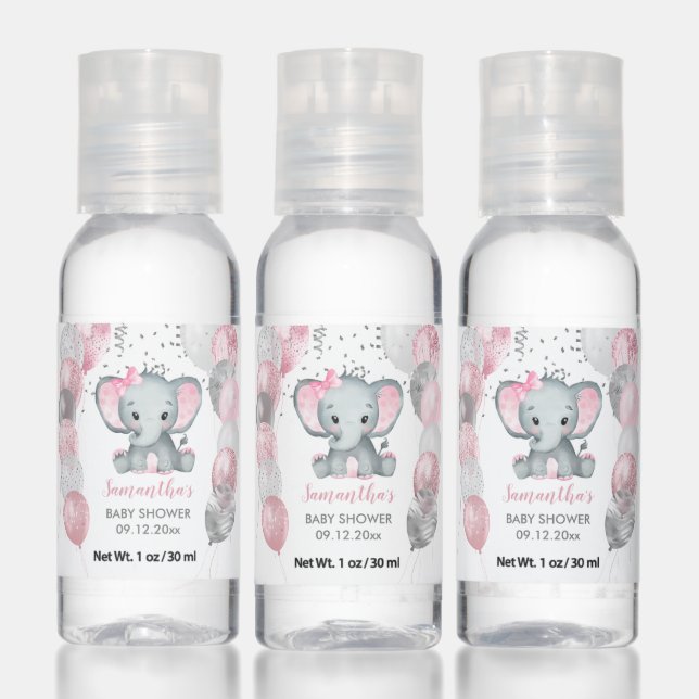 Cute Girl Elephant Pink Balloons Baby Shower Hand Sanitizer (Set)
