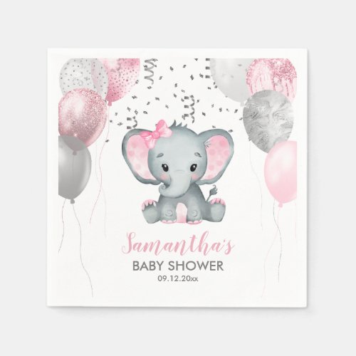 Cute Girl Elephant Pink Balloons Baby Shower Napkins