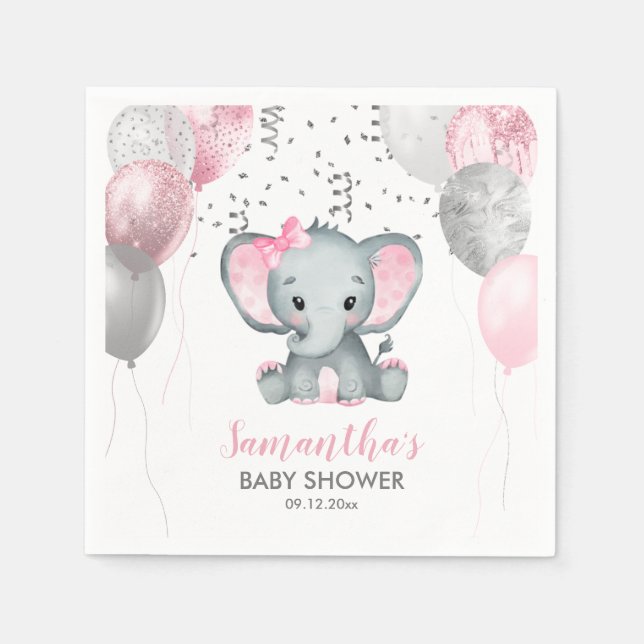 Cute Girl Elephant Pink Balloons Baby Shower Napkins (Front)