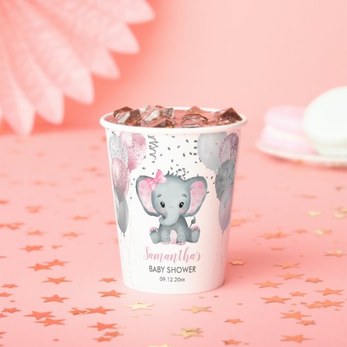 Cute Girl Elephant Pink Balloons Baby Shower Paper Cups