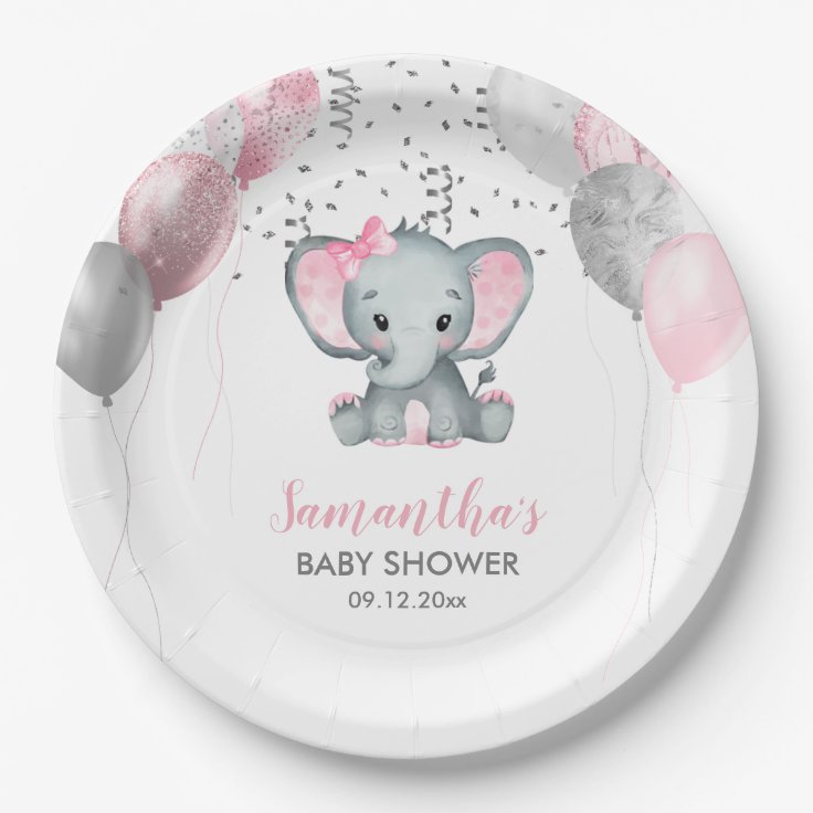 Cute Girl Elephant Pink Balloons Baby Shower Paper Plates | Zazzle