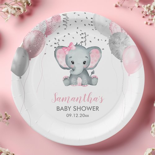 Cute Girl Elephant Pink Balloons Baby Shower Paper Plates