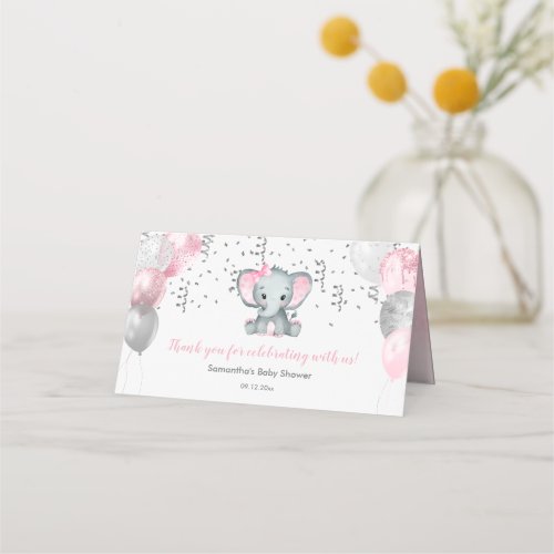 Cute Girl Elephant Pink Balloons Baby Shower Place Card