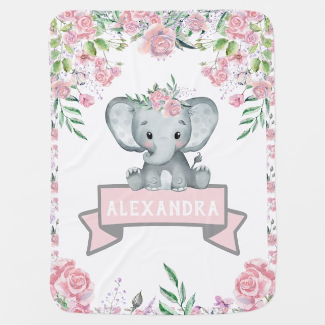 Cute Girl Elephant Pink Floral Custom Name Baby Blanket (Front)