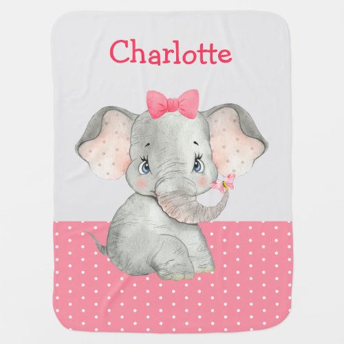 Cute Girl Elephant Pink Gray Personalized Baby Blanket