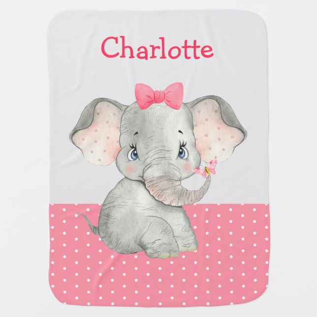 Cute Girl Elephant Pink Gray Personalized Baby Blanket (Front)