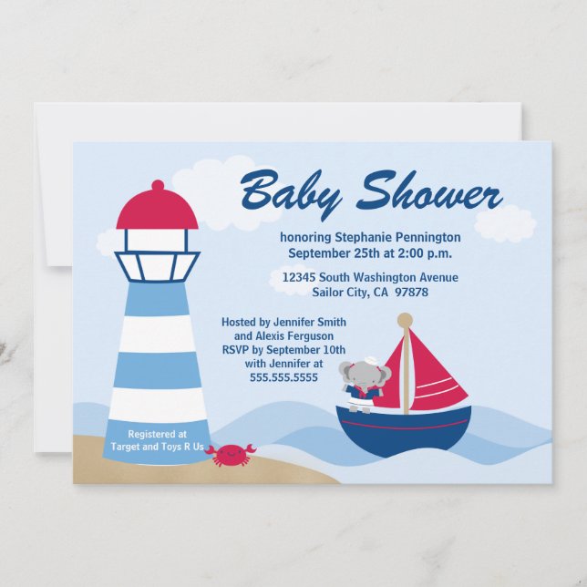 Cute girl elephant sailor baby shower invitation (Front)