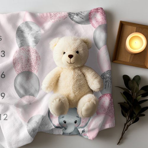 Cute Girl Elephant Watercolor Balloons Milestone Baby Blanket