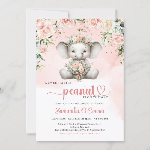 Cute girl elephant with blush flowers bouquet invitation