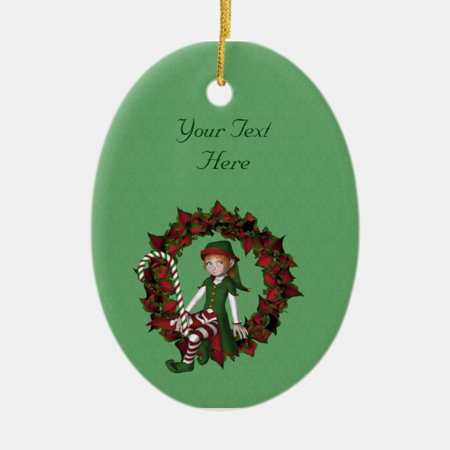 Cute Girl Elf Poinsettia Wreath Holiday Ceramic Ornament (Front)